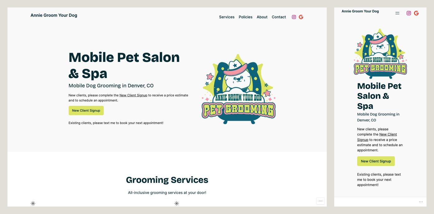 Annie Groom Your Dog homepage on desktop and phone