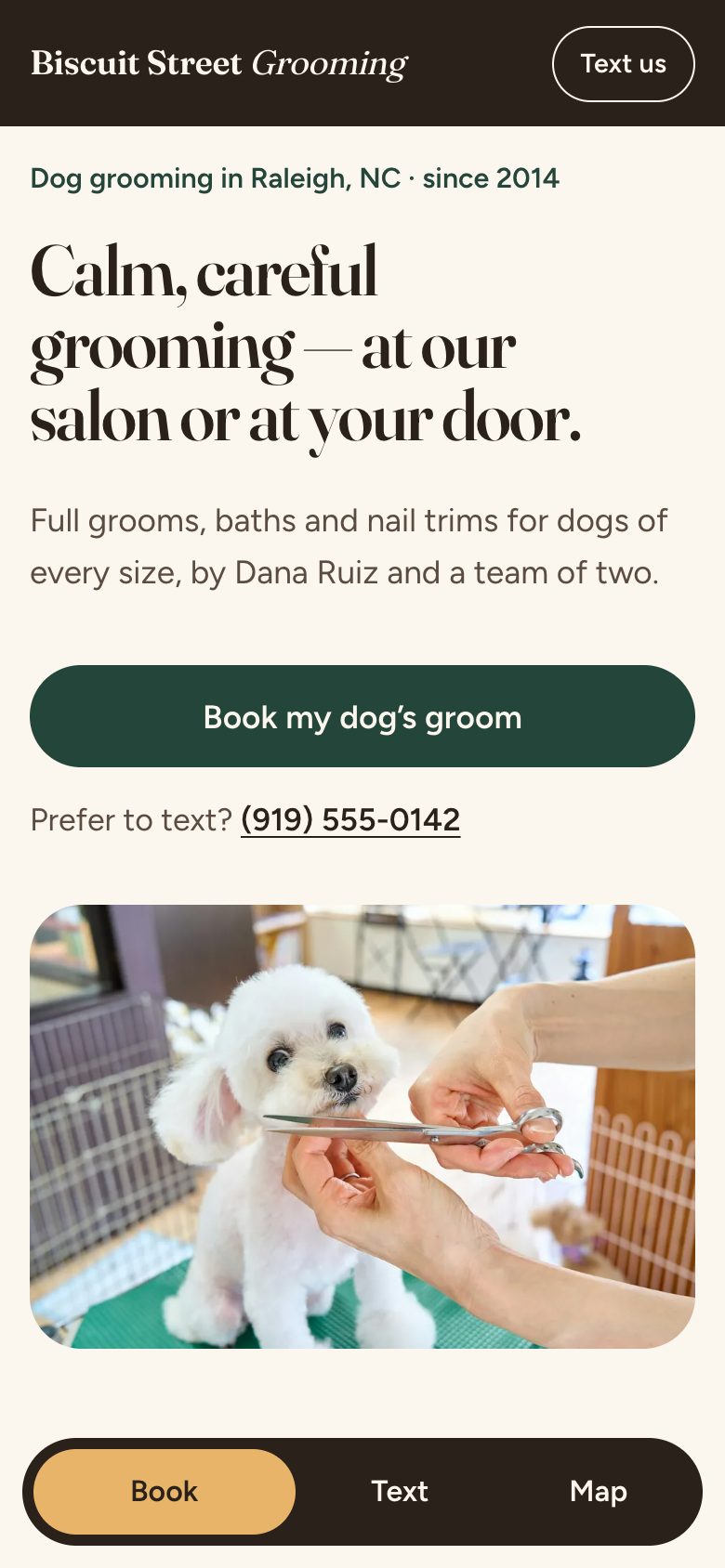 Biscuit Street Grooming on a phone