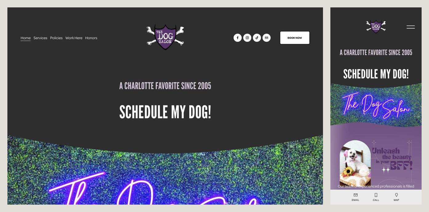 The Dog Salon homepage on desktop and phone