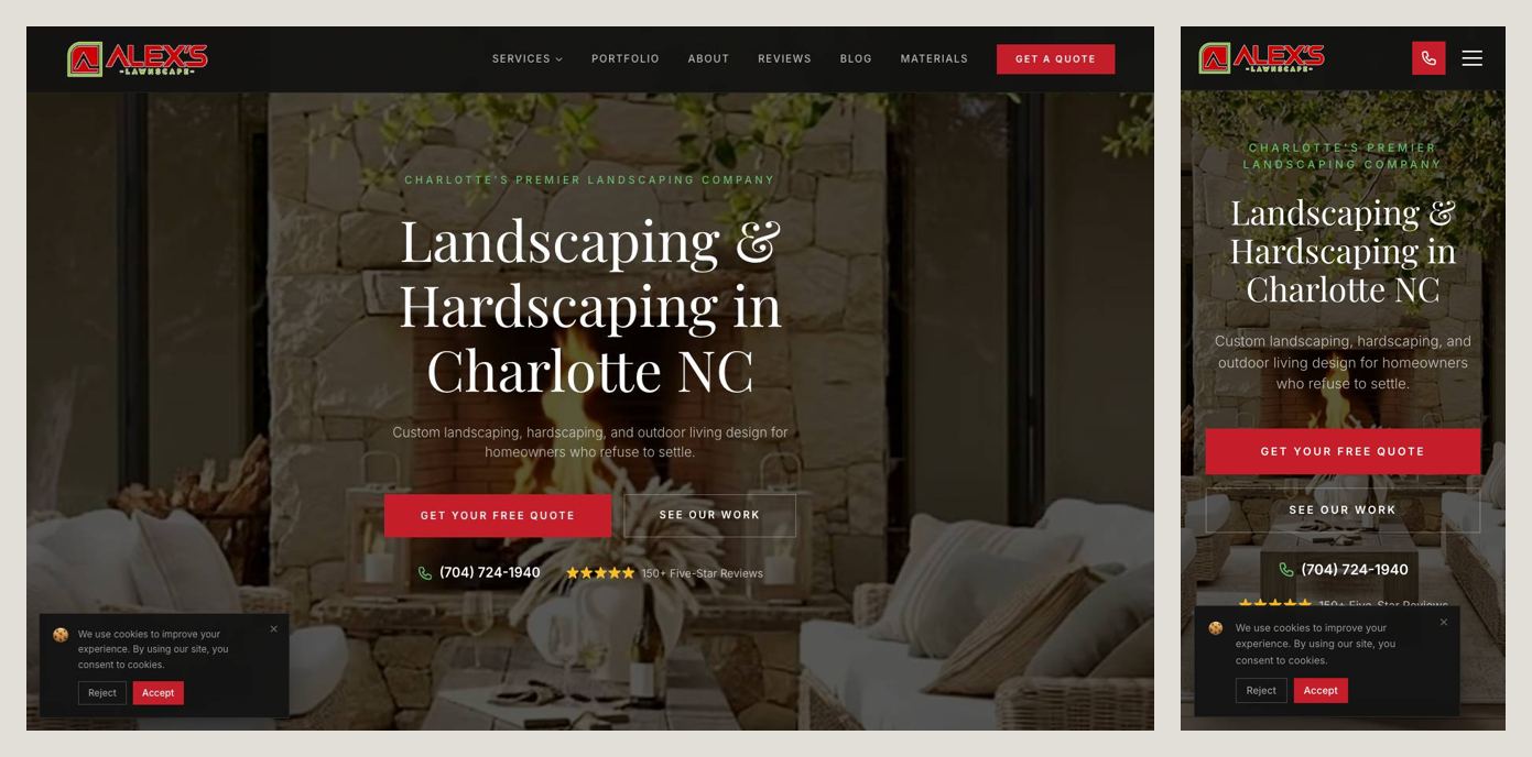 Alex's Lawnscape homepage on desktop and phone