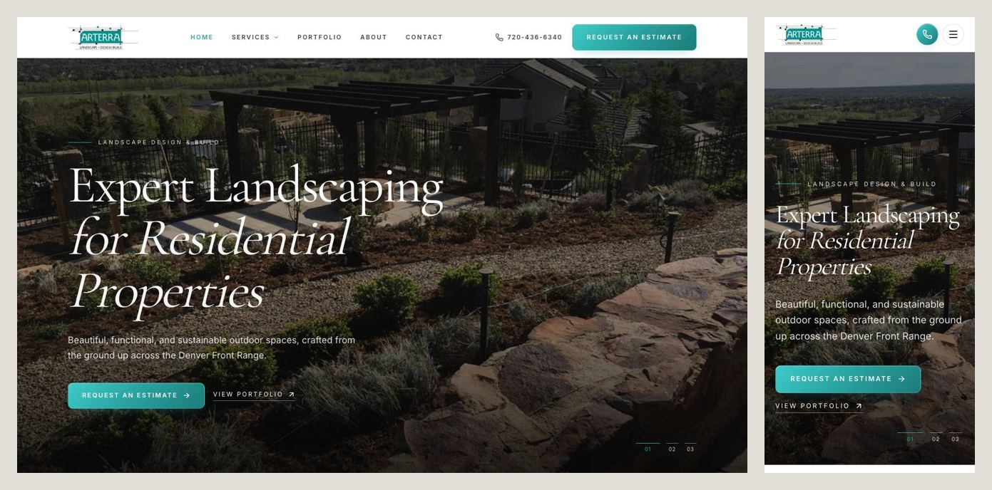 Arterra Landscaping homepage on desktop and phone