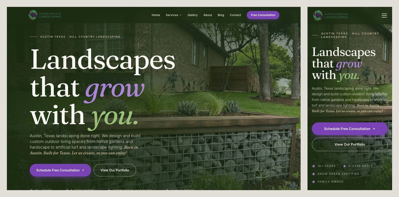 Austin Creative Landscaping homepage on desktop and phone