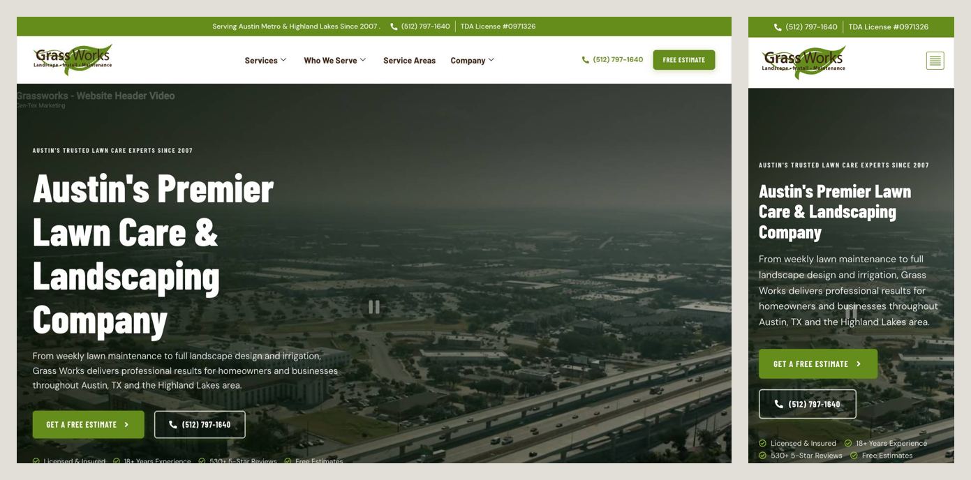 Grass Works homepage on desktop and phone