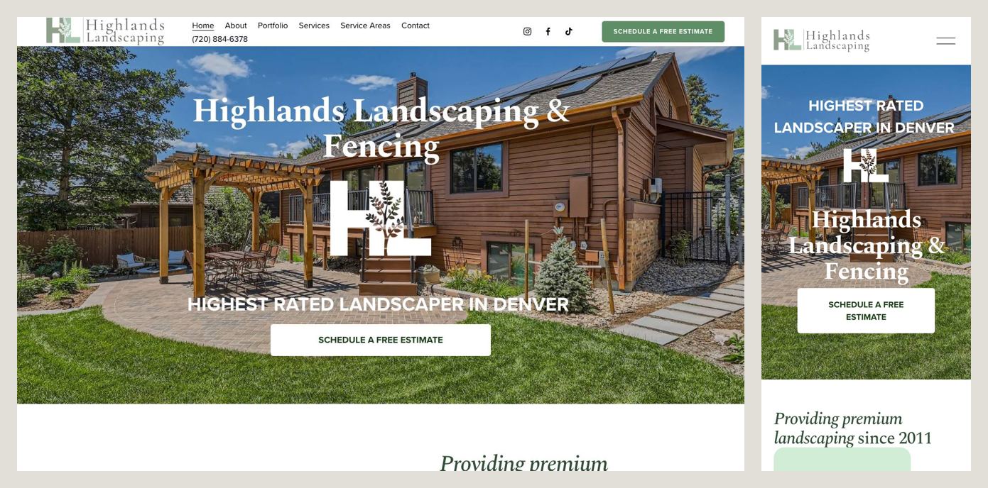 Highlands Landscaping homepage on desktop and phone