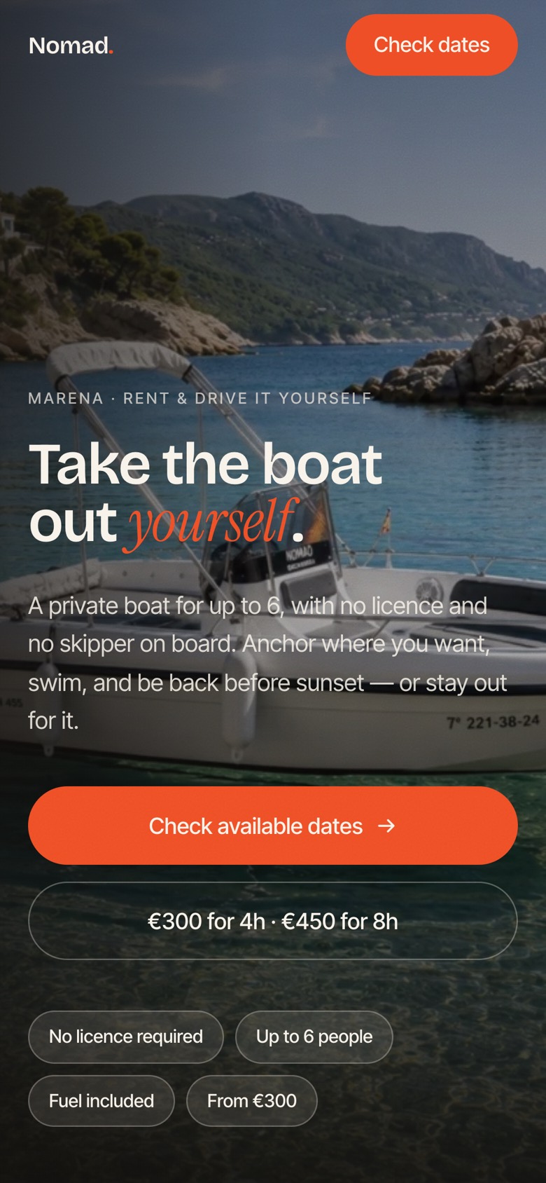 The Nomad Boats website on a phone